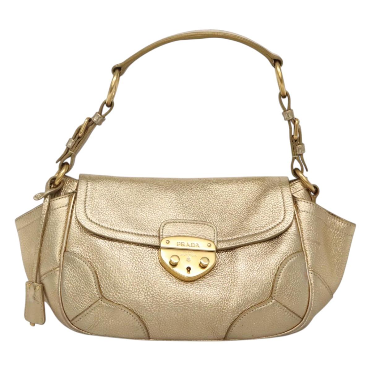 PRADA Shoulder Bag Leather Gold Tone Auth 125408