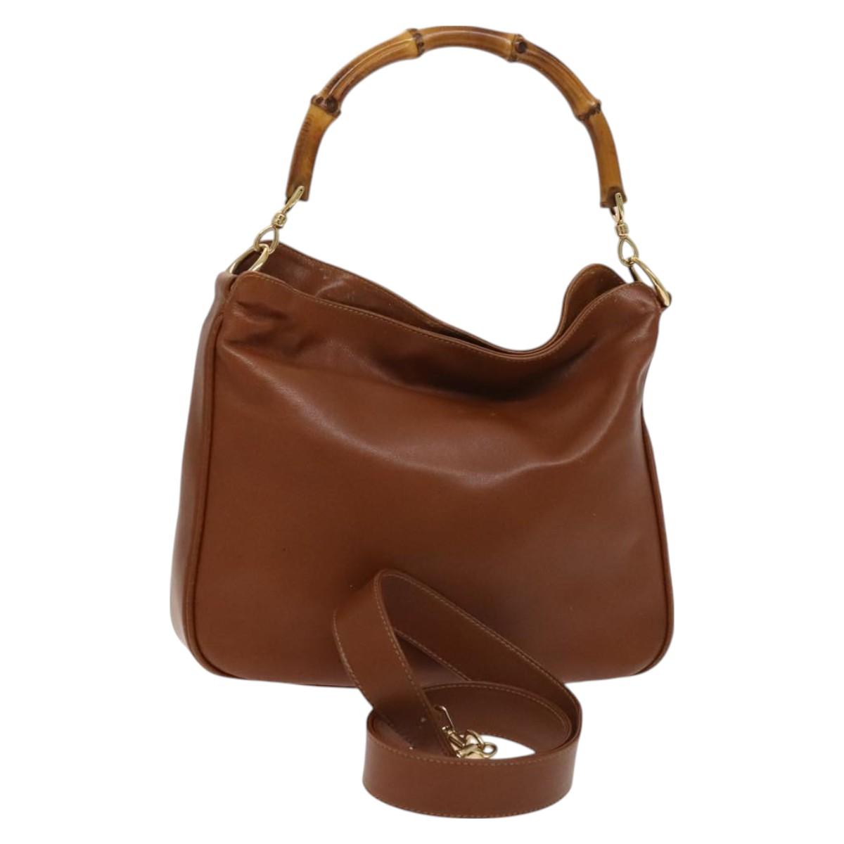 GUCCI Bamboo Hand Bag Leather 2way Brown Gold 001 1705 1638 Auth 125422