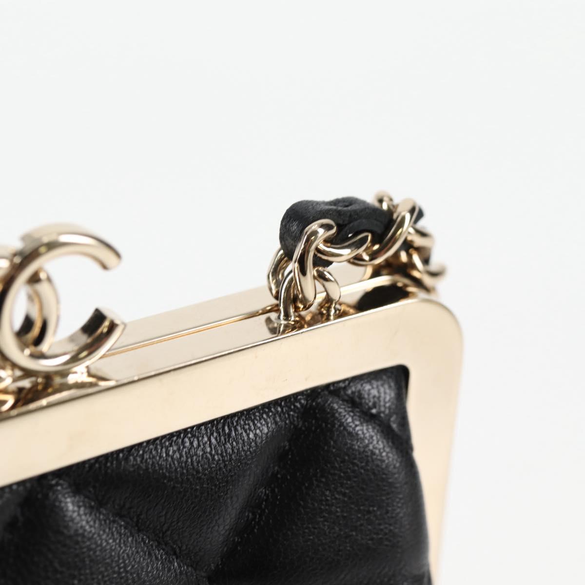 CHANEL Matelasse Chain Pouch Shoulder Bag Lamb Skin Black Gold CC Auth 125435AM