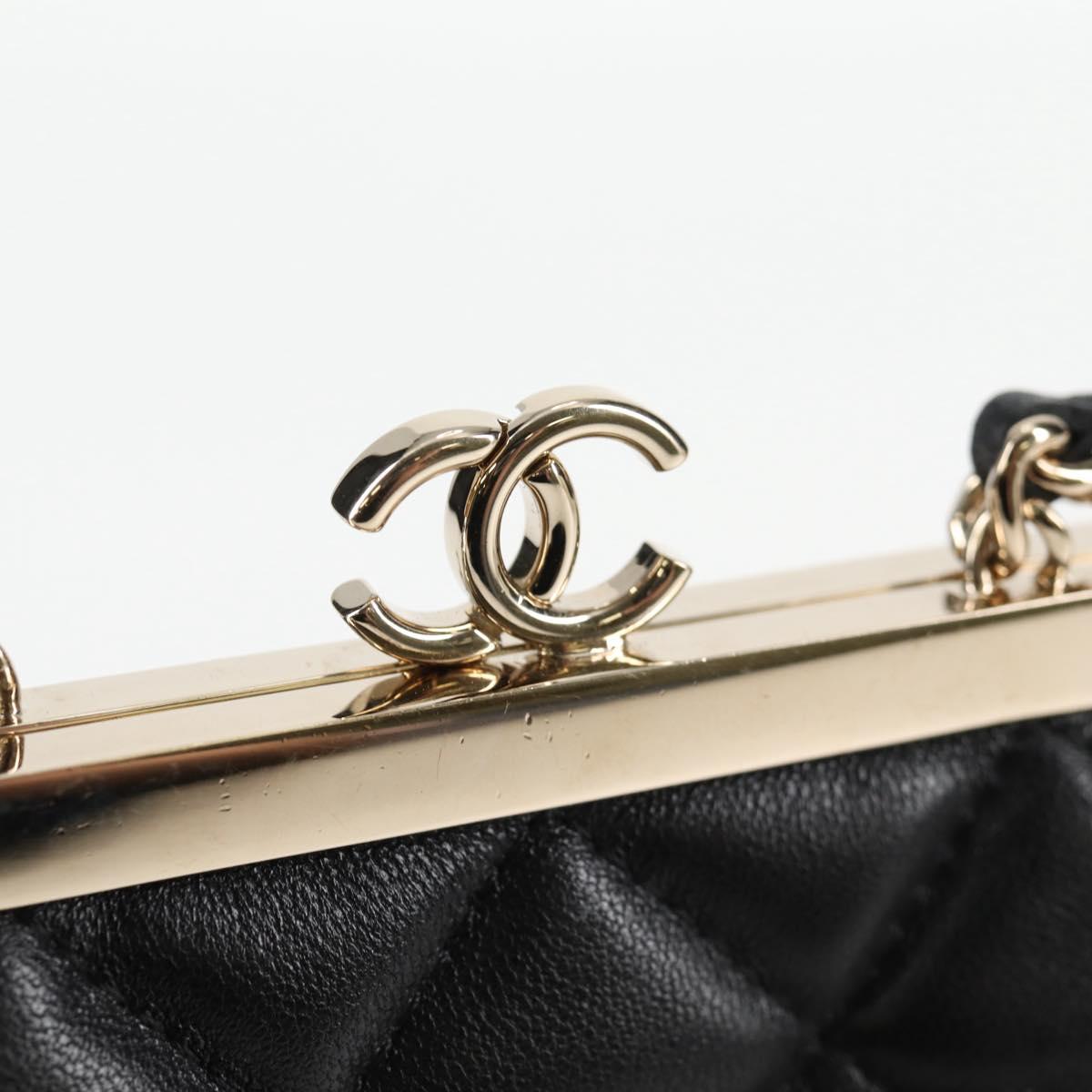 CHANEL Matelasse Chain Pouch Shoulder Bag Lamb Skin Black Gold CC Auth 125435SAM