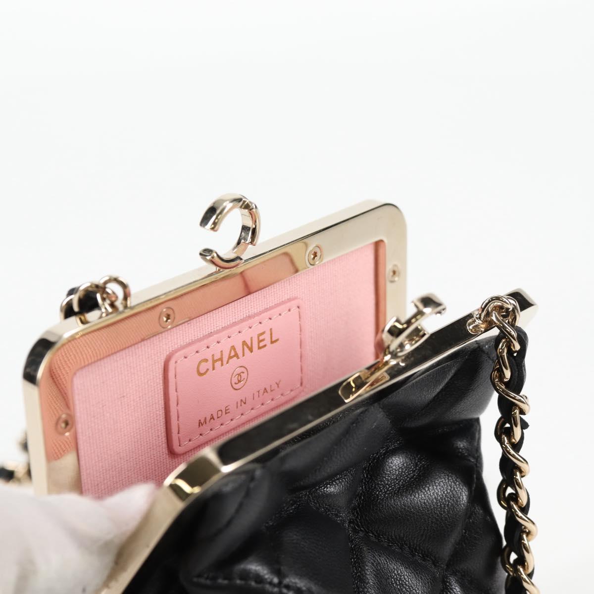 CHANEL Matelasse Chain Pouch Shoulder Bag Lamb Skin Black Gold CC Auth 125435AM