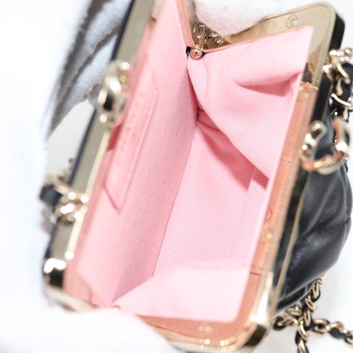 CHANEL Matelasse Chain Pouch Shoulder Bag Lamb Skin Black Gold CC Auth 125435AM