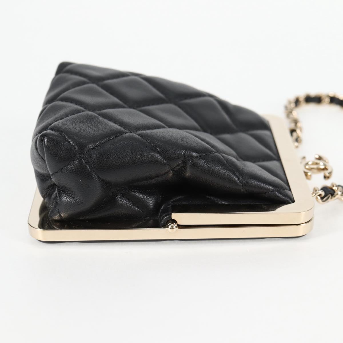 CHANEL Matelasse Chain Pouch Shoulder Bag Lamb Skin Black Gold CC Auth 125435SAM