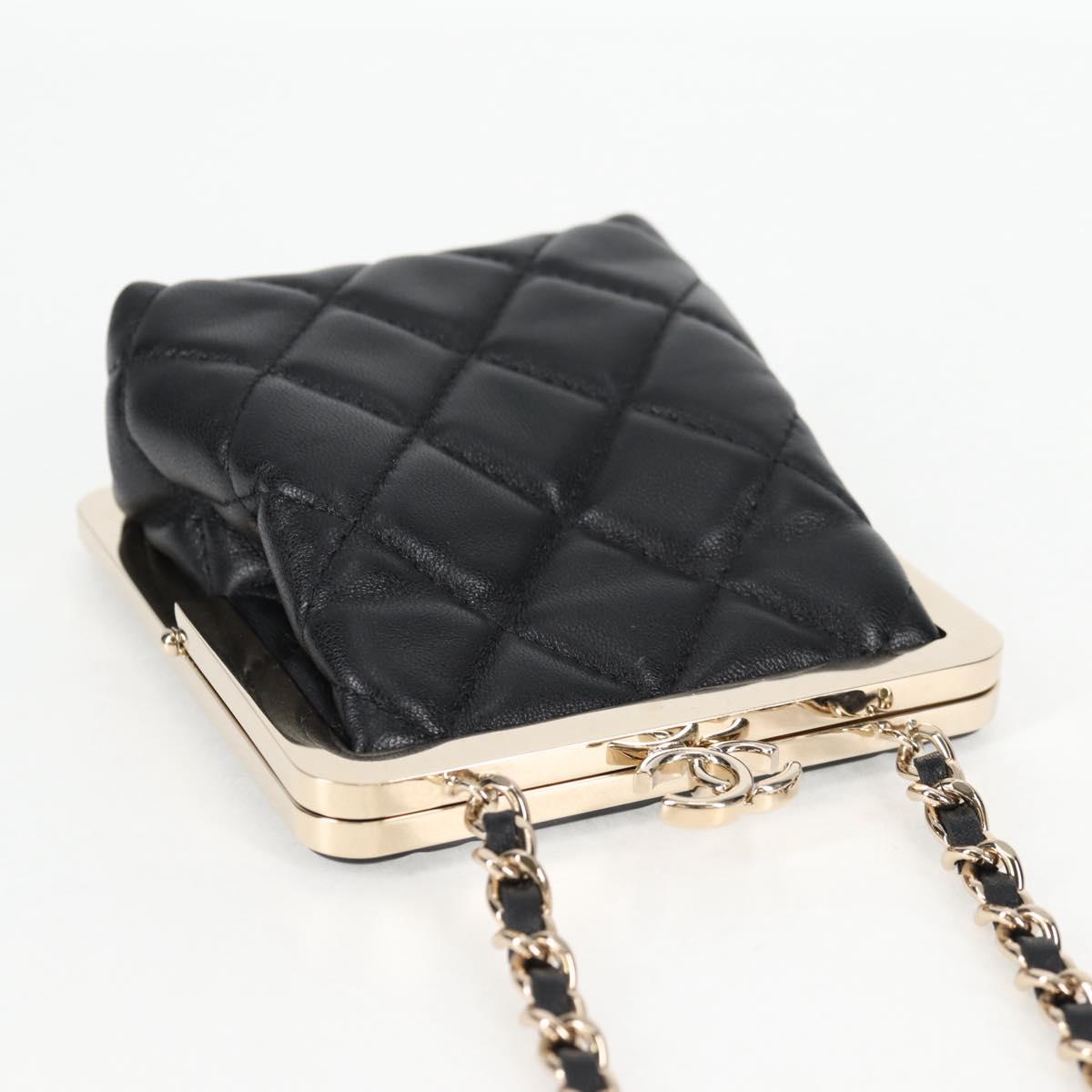 CHANEL Matelasse Chain Pouch Shoulder Bag Lamb Skin Black Gold CC Auth 125435AM