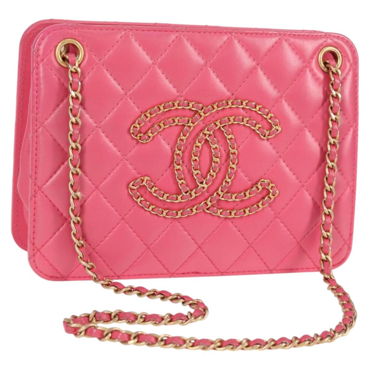 CHANEL Matelasse Chain Shoulder Bag Lamb Skin Pink Gold CC Auth 125468AM