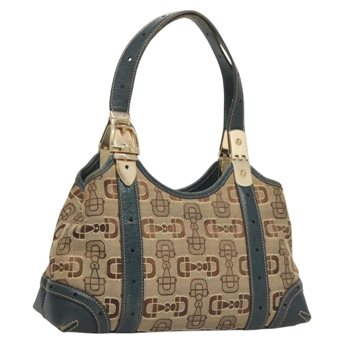 GUCCI Horsebit Hand Bag Canvas Beige Gold 145761 Auth 125532
