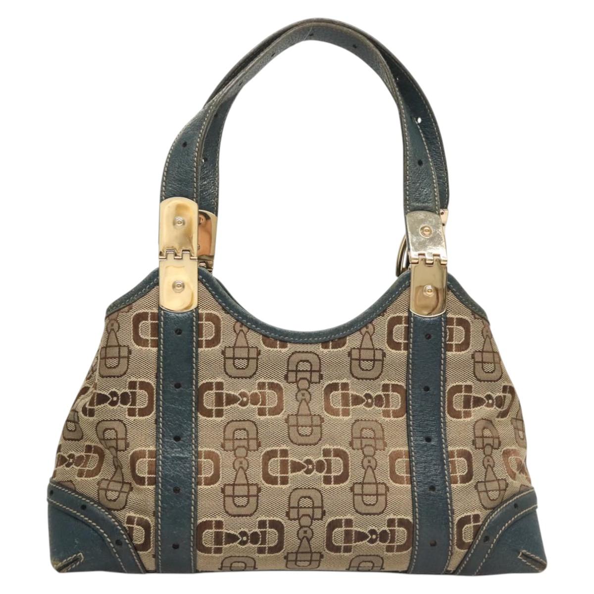 GUCCI Horsebit Hand Bag Canvas Beige Gold 145761 Auth 125532