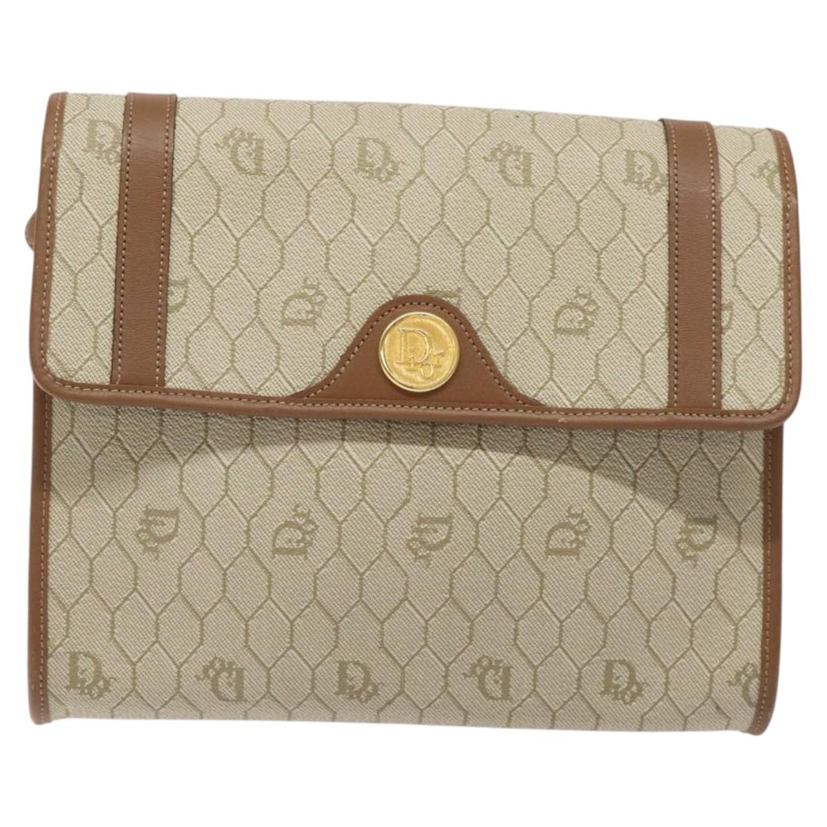 Christian Dior Honeycomb Canvas Shoulder Bag PVC Beige Gold Auth 125574