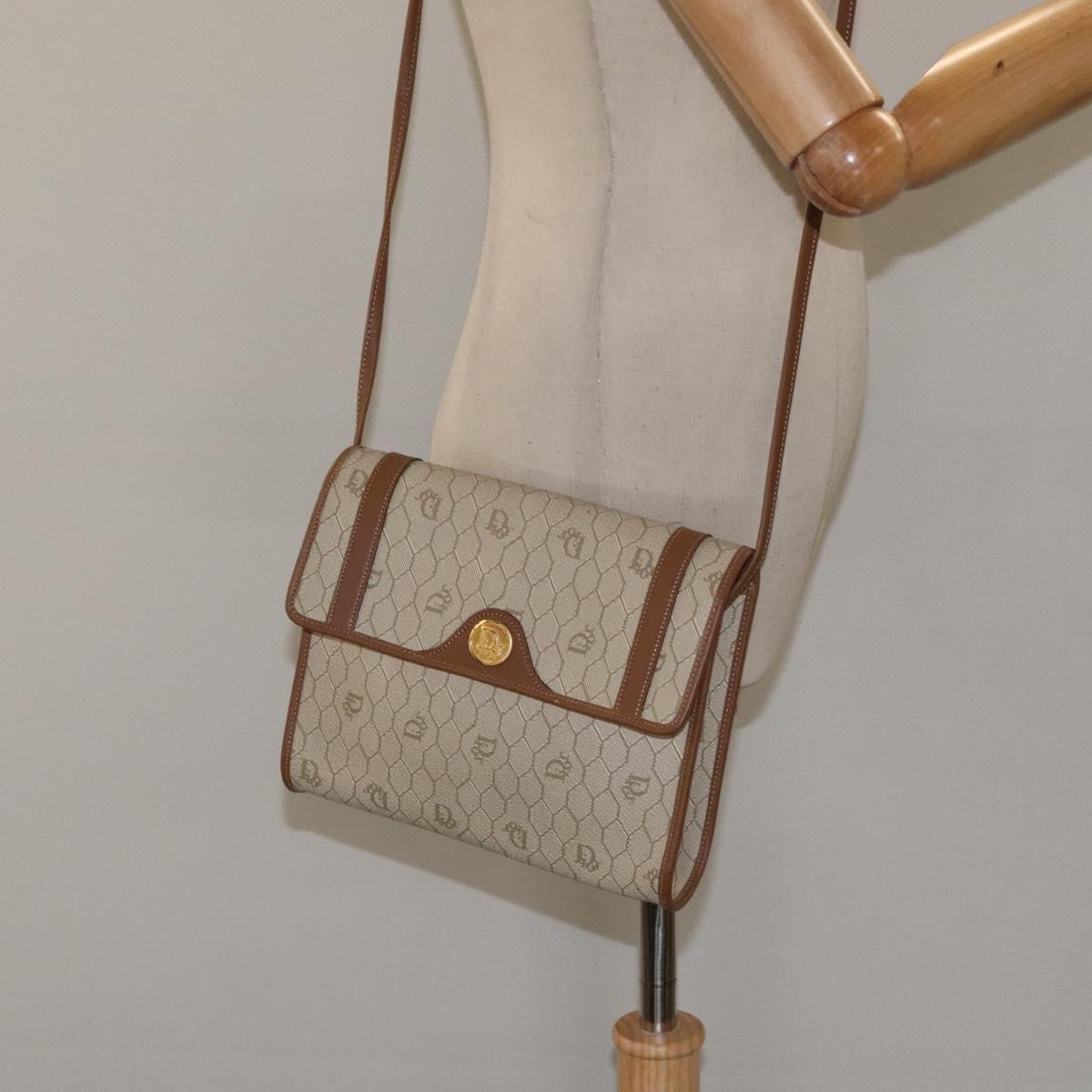 Christian Dior Honeycomb Canvas Shoulder Bag PVC Beige Gold Auth 125574