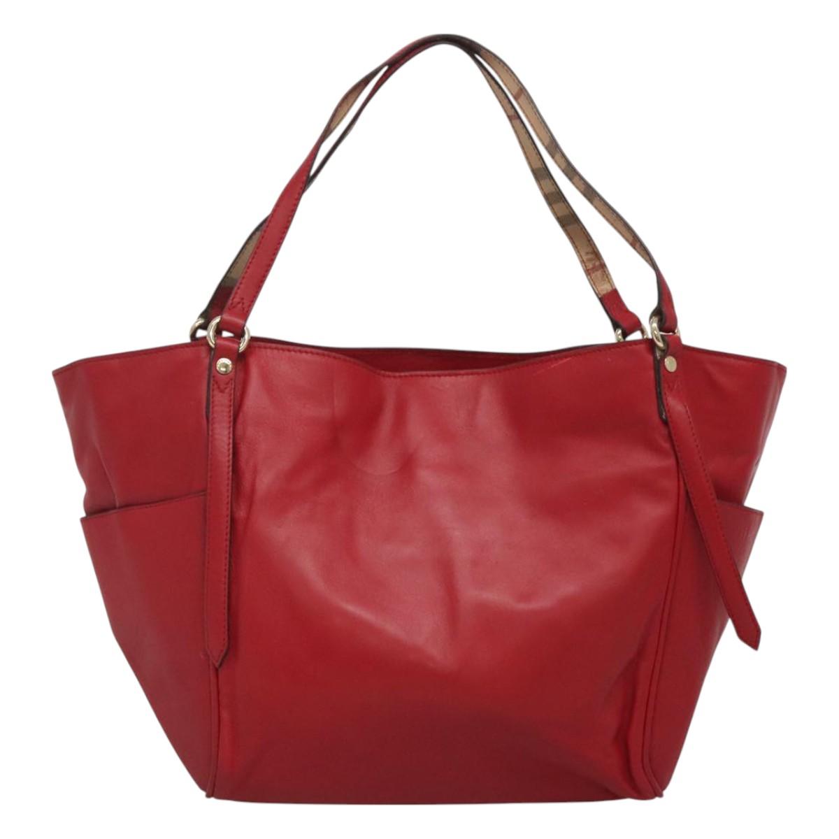BURBERRY Tote Bag Leather Red Gold Auth 125684