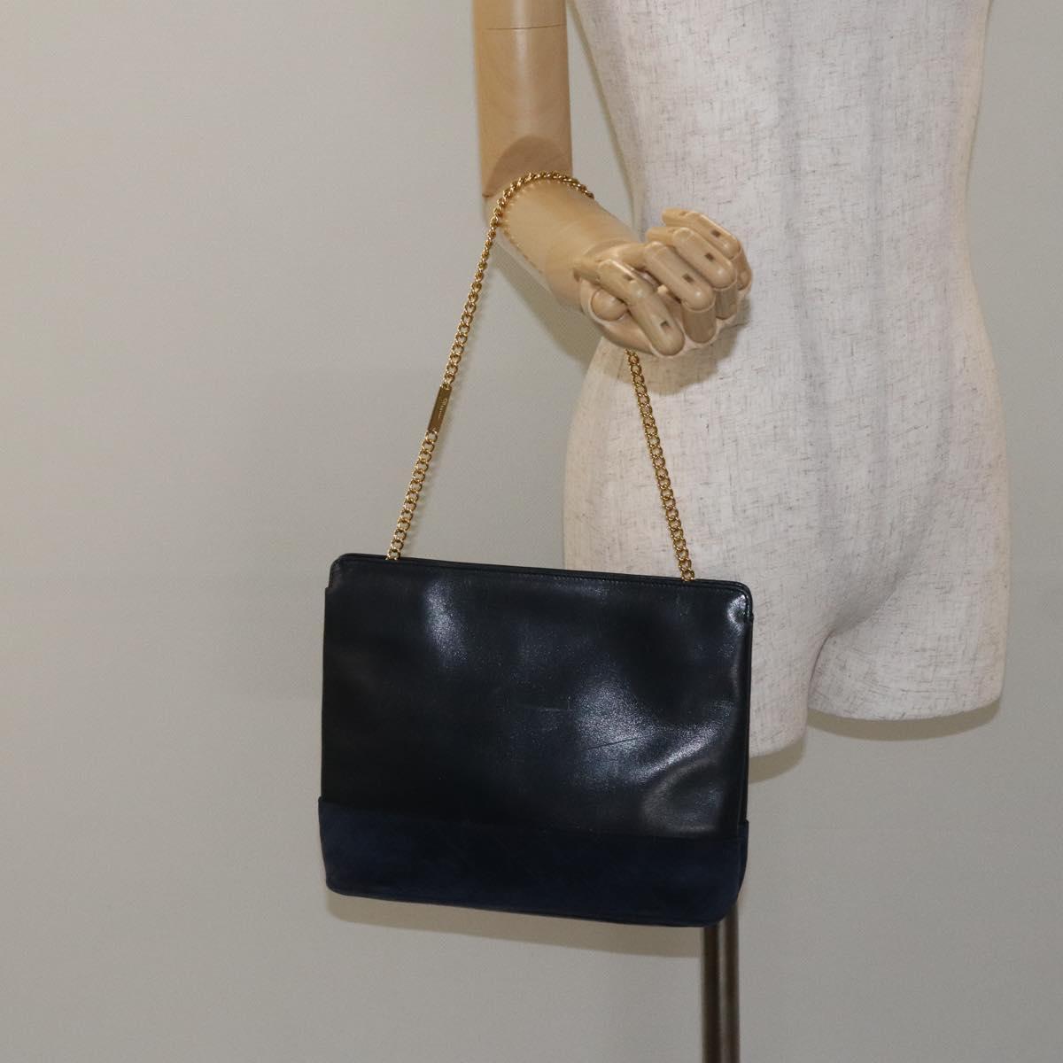 Salvatore Ferragamo Chain Shoulder Bag Leather Navy Gold Auth 125711