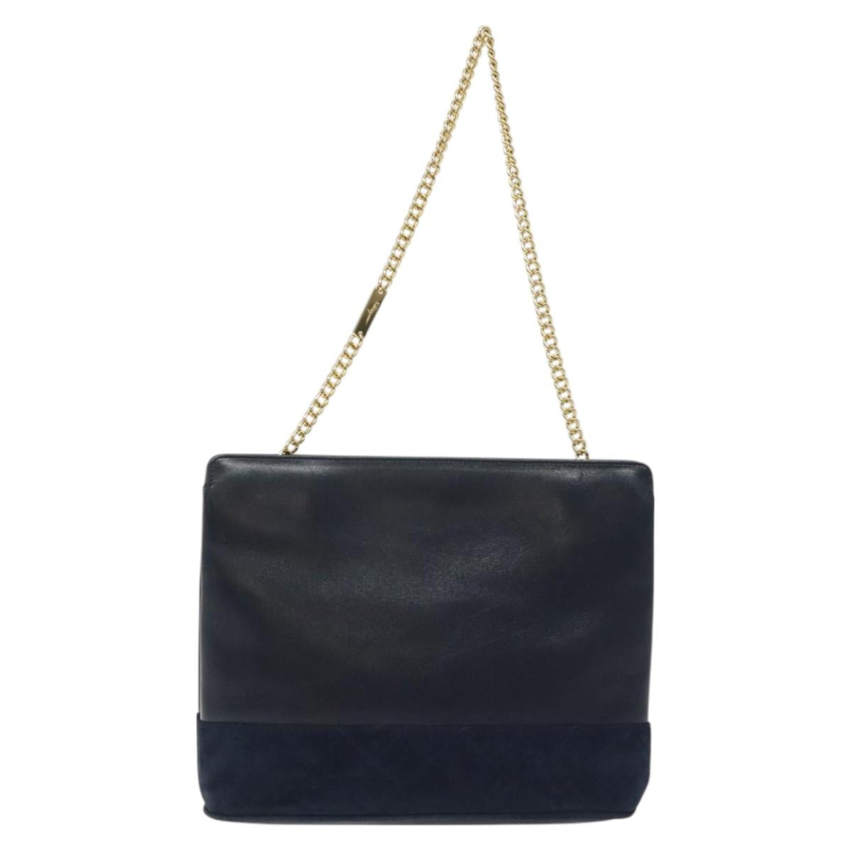 Salvatore Ferragamo Chain Shoulder Bag Leather Navy Gold Auth 125711
