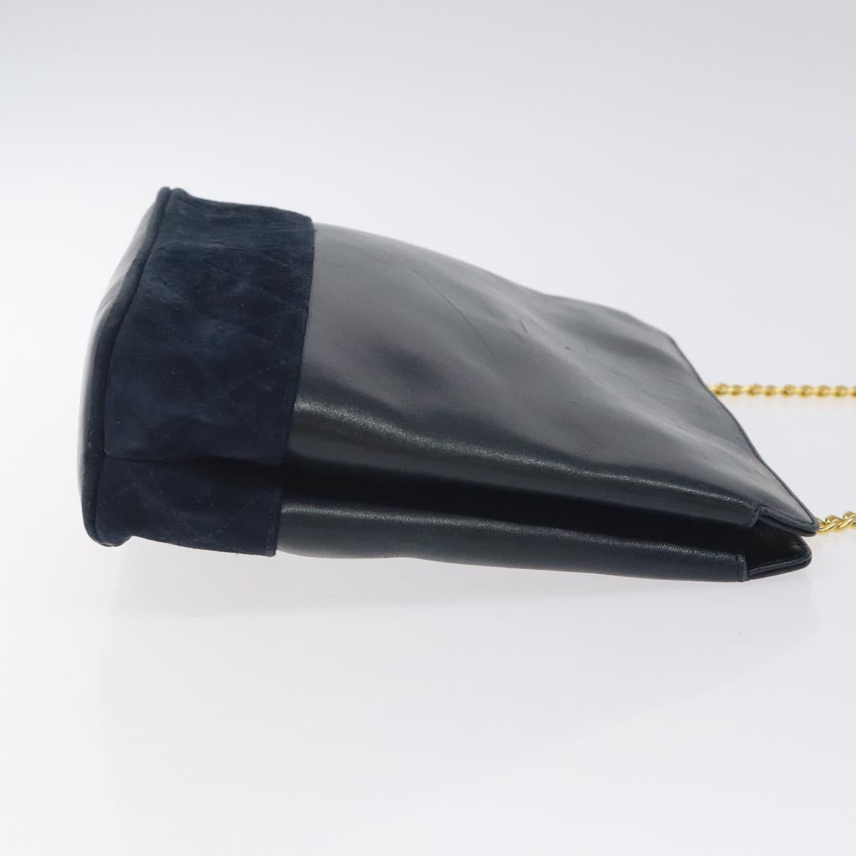 Salvatore Ferragamo Chain Shoulder Bag Leather Navy Gold Auth 125711