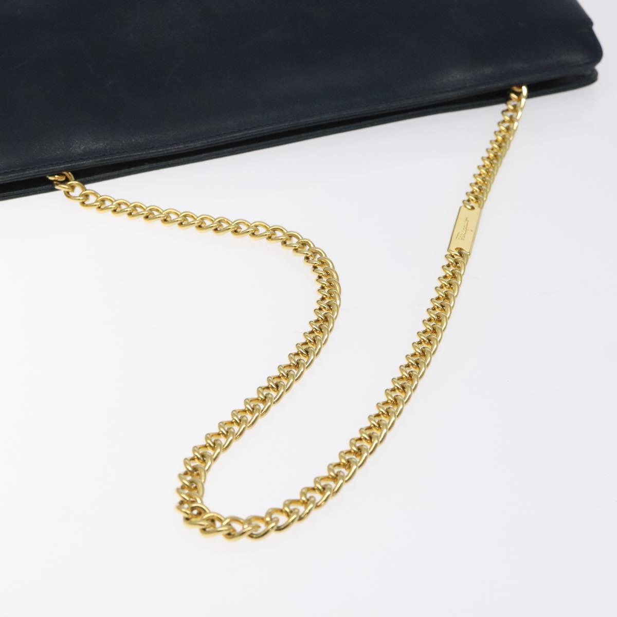 Salvatore Ferragamo Chain Shoulder Bag Leather Navy Gold Auth 125711