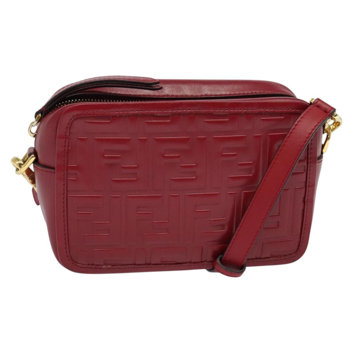 FENDI Zucca Shoulder Bag Leather Red Gold Auth 125736