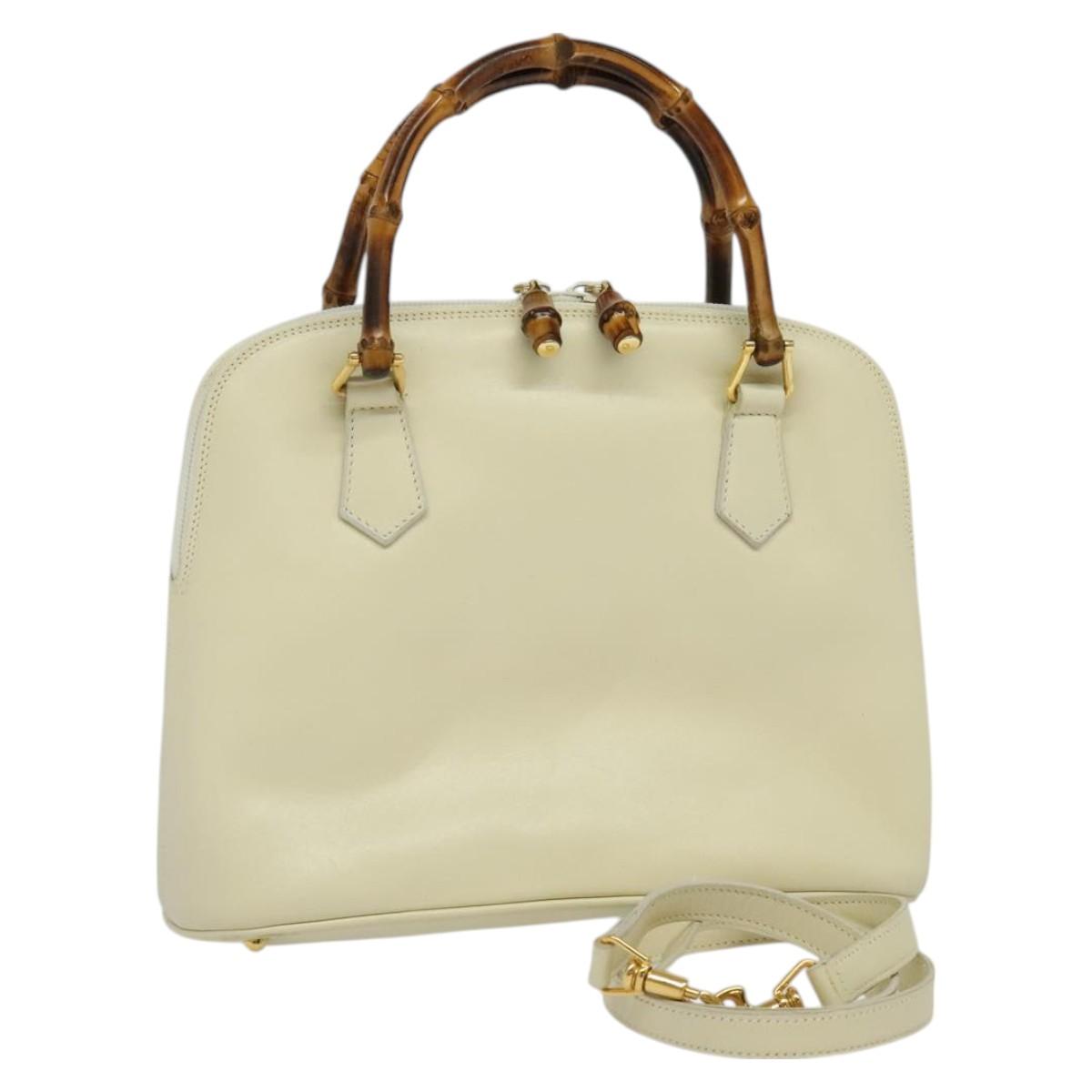 GUCCI Bamboo Hand Bag Leather 2way Ivory Gold Auth 125757