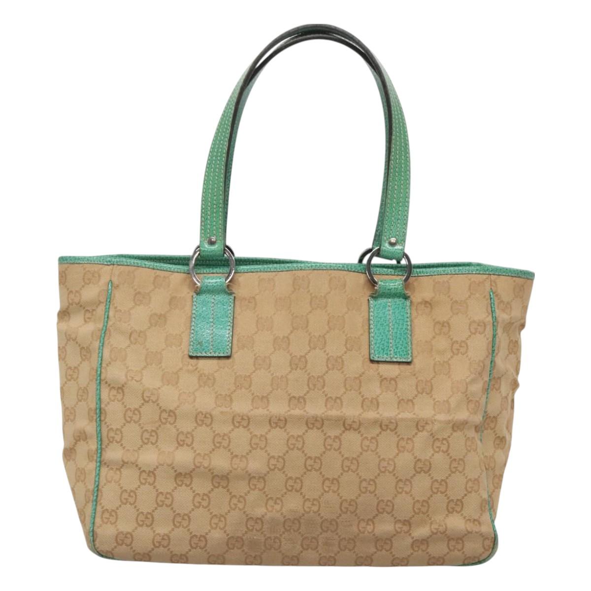 GUCCI GG Canvas Tote Bag Beige Green Silver 113017 Auth 125798