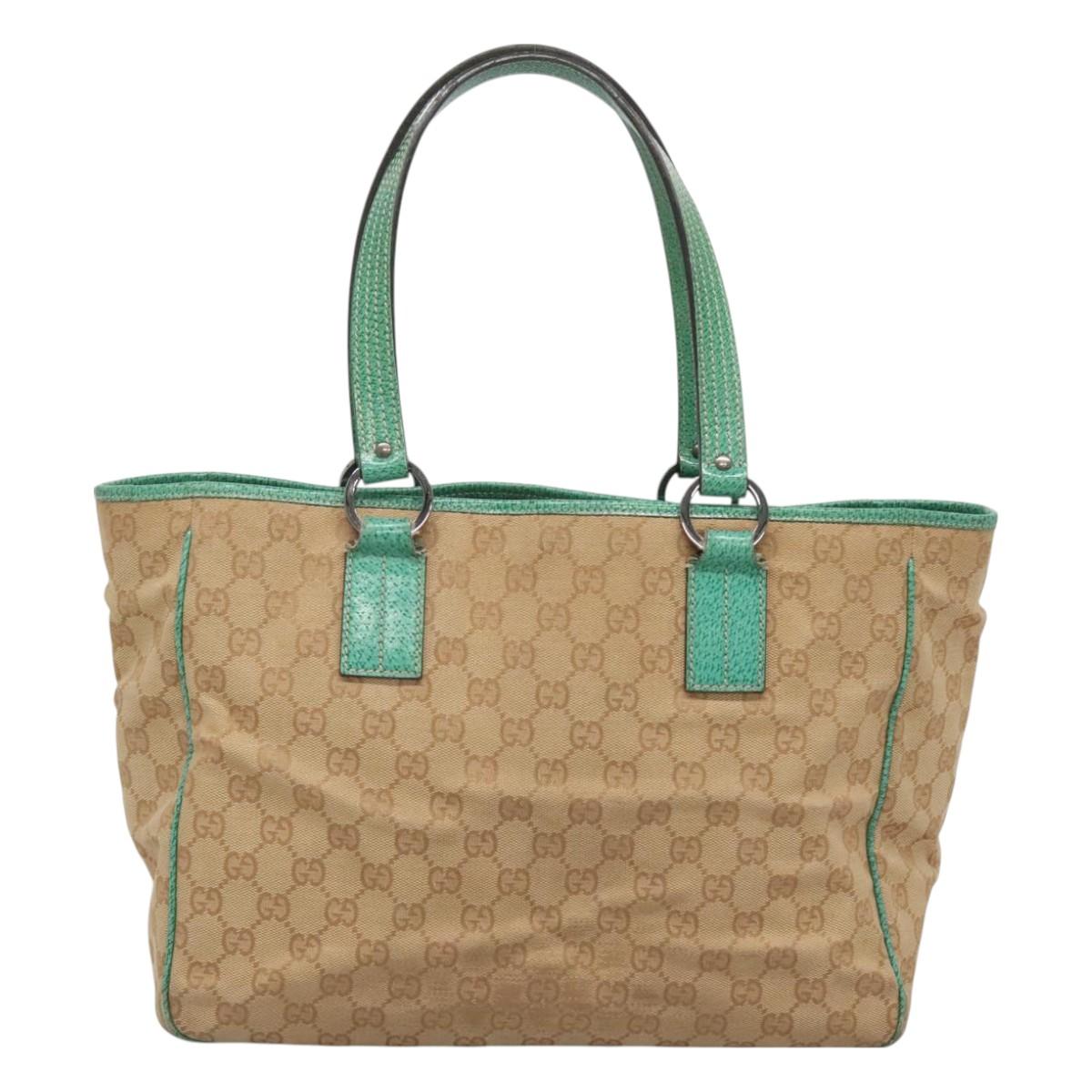 GUCCI GG Canvas Tote Bag Beige Green Silver 113017 Auth 125798