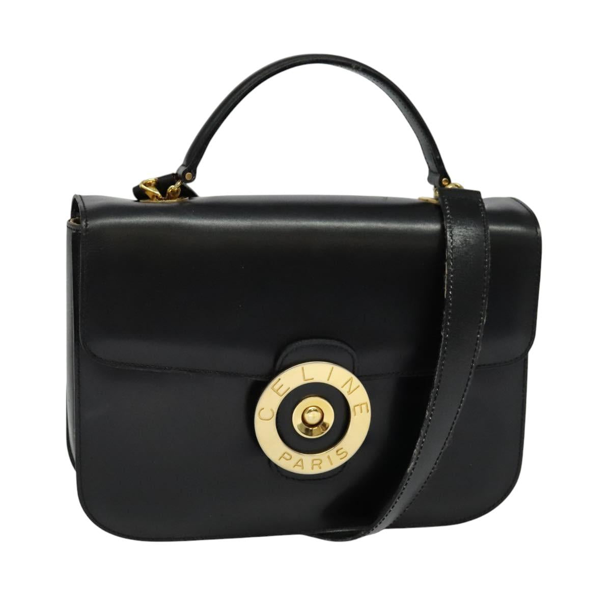 CELINE Hand Bag Leather 2way Black Gold Auth 125900