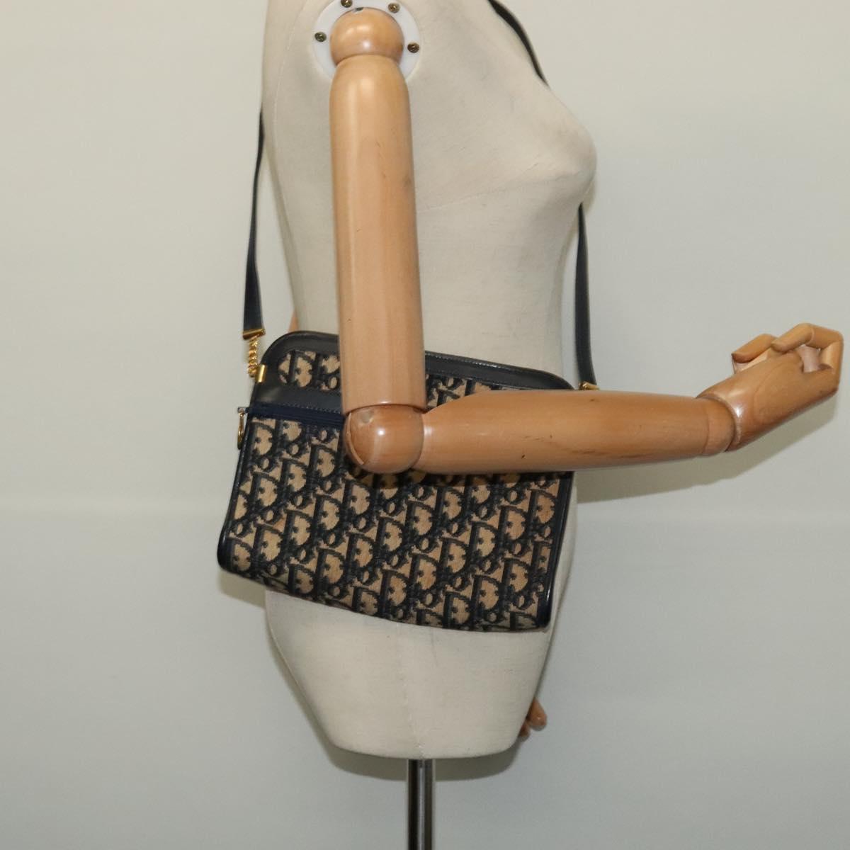 Christian Dior Trotter Canvas Shoulder Bag Navy Gold Auth 125910