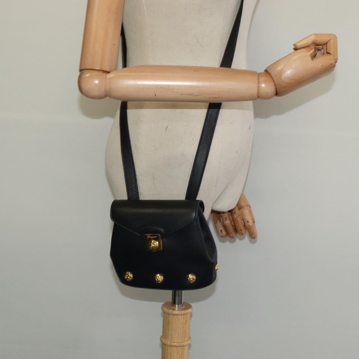 Salvatore Ferragamo Shoulder Bag Leather Navy Gold Auth 125934