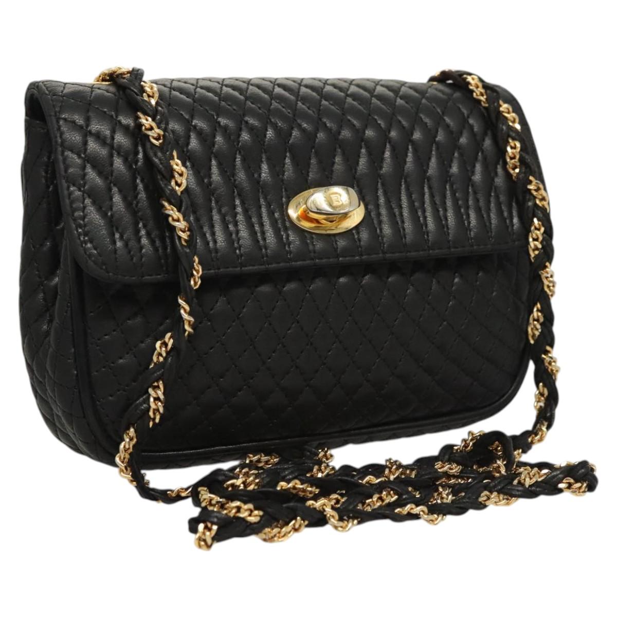 BALLY Chain Shoulder Bag Leather Black Gold Auth 125935