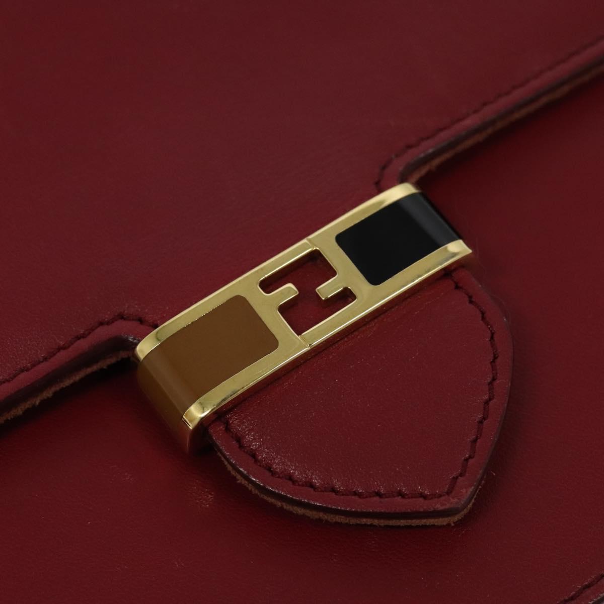 FENDI Chain Shoulder Bag Leather Red Gold Auth 125939