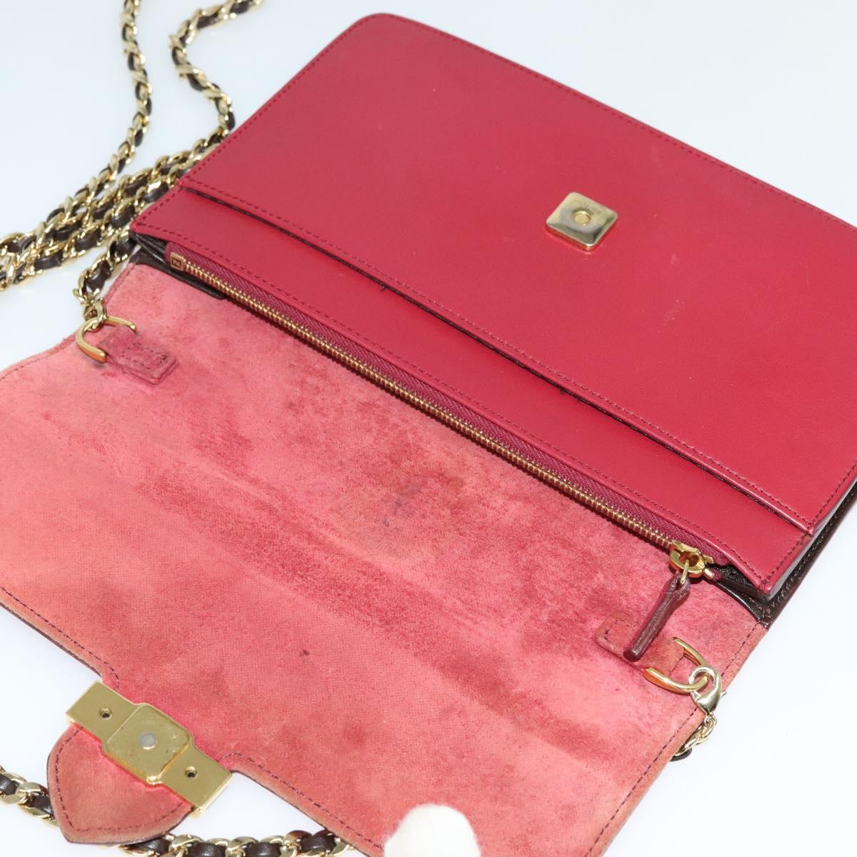 FENDI Chain Shoulder Bag Leather Red Gold Auth 125939
