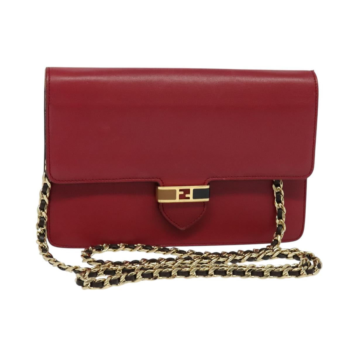 FENDI Chain Shoulder Bag Leather Red Gold Auth 125939