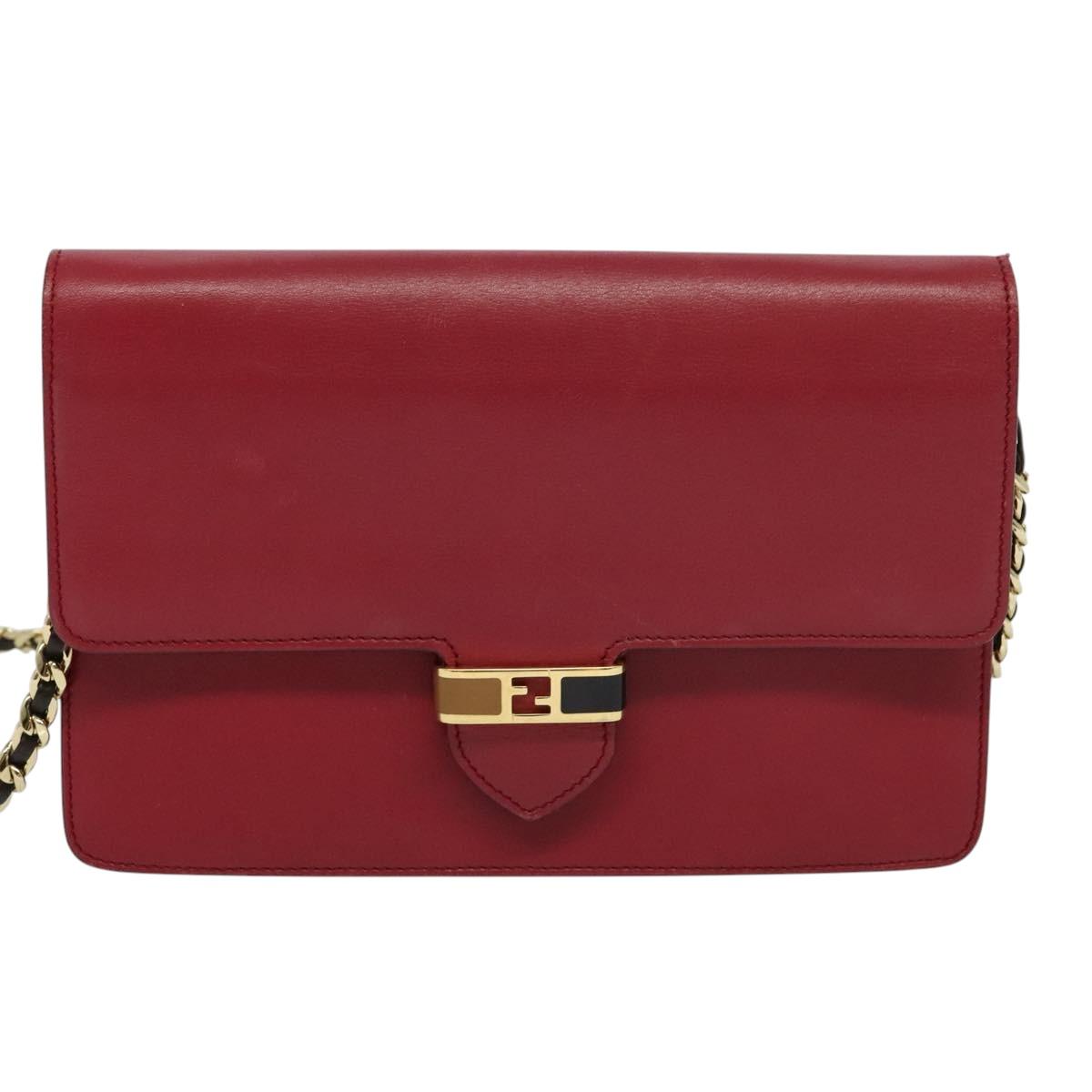 FENDI Chain Shoulder Bag Leather Red Gold Auth 125939