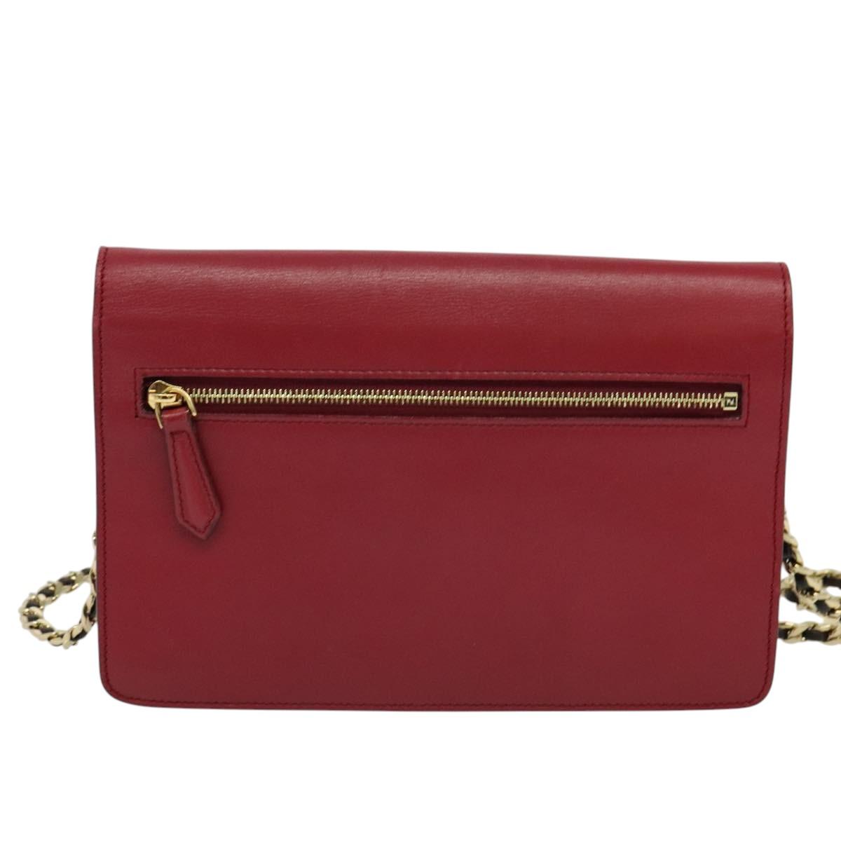 FENDI Chain Shoulder Bag Leather Red Gold Auth 125939