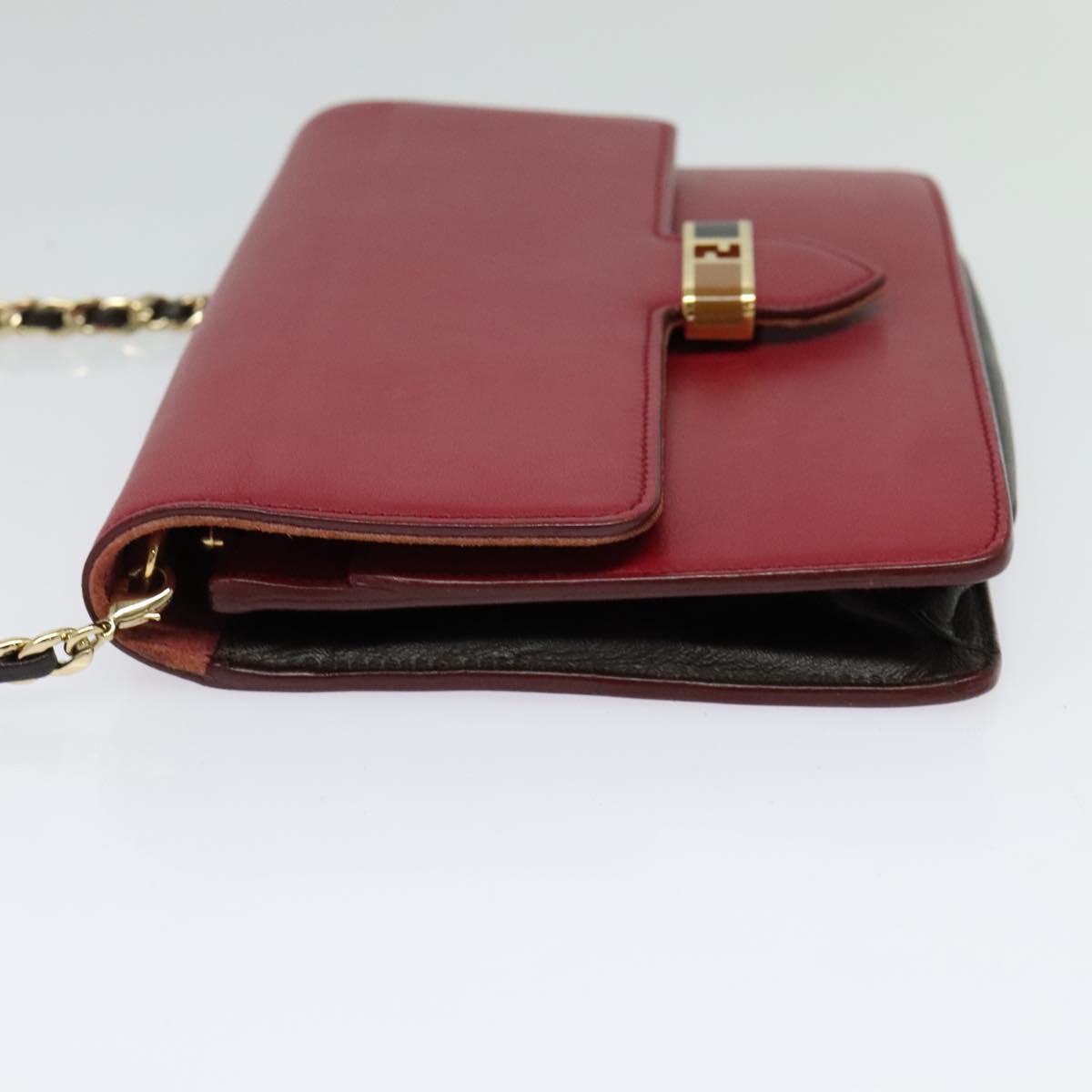 FENDI Chain Shoulder Bag Leather Red Gold Auth 125939