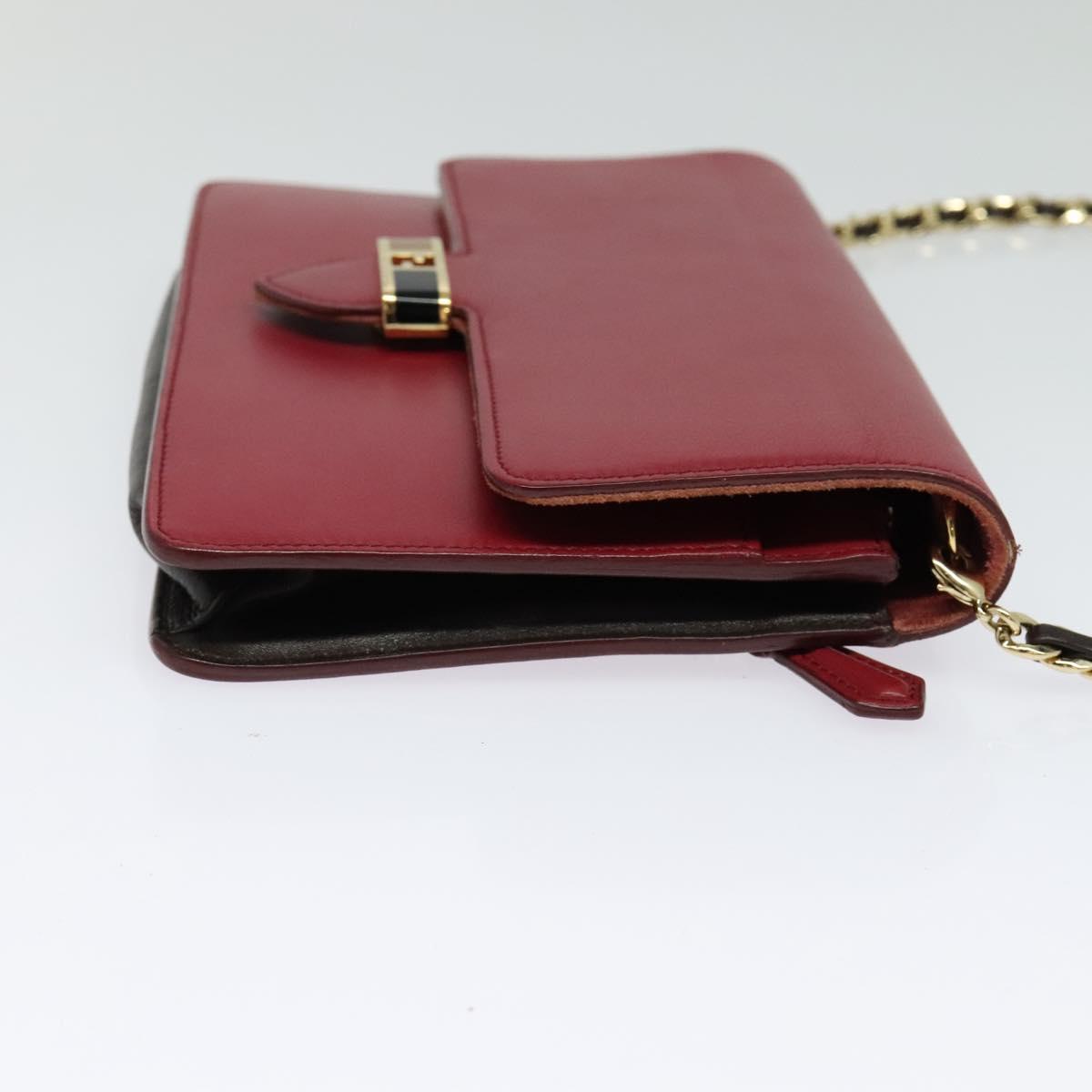 FENDI Chain Shoulder Bag Leather Red Gold Auth 125939