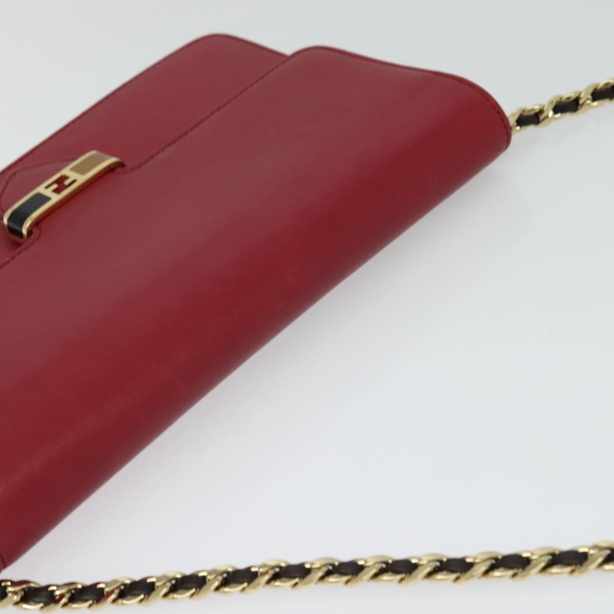 FENDI Chain Shoulder Bag Leather Red Gold Auth 125939