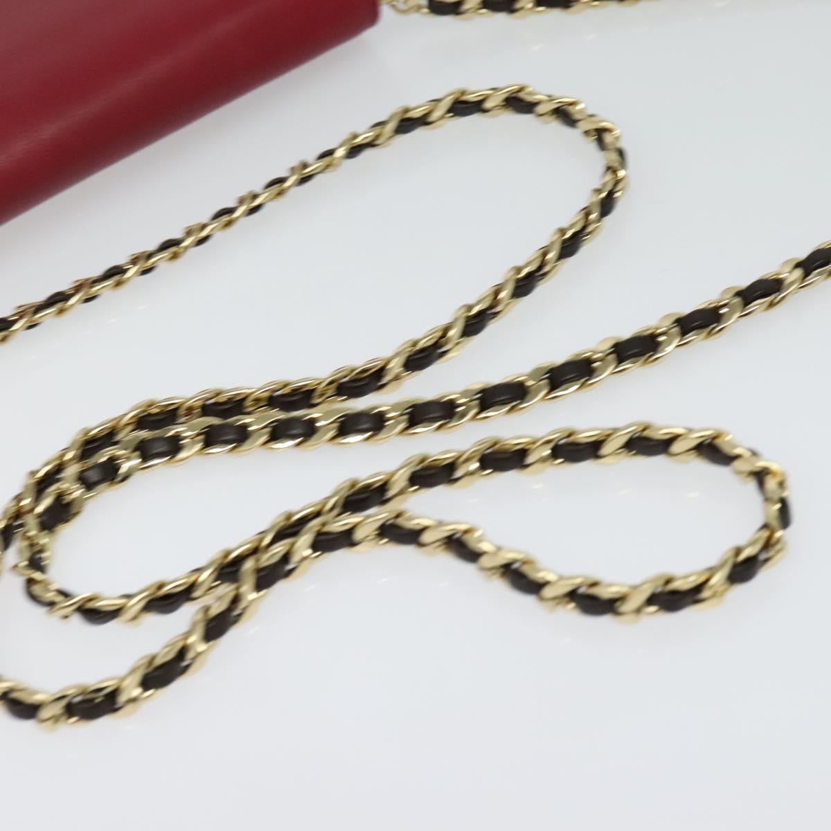 FENDI Chain Shoulder Bag Leather Red Gold Auth 125939