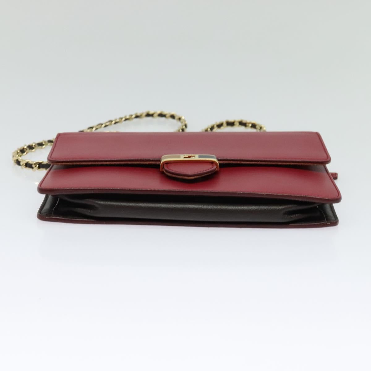 FENDI Chain Shoulder Bag Leather Red Gold Auth 125939