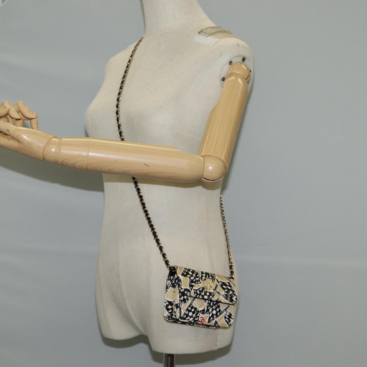 CHANEL Matelasse Checkered Flag Chain Shoulder Bag Nylon Beige CC Auth 125975M