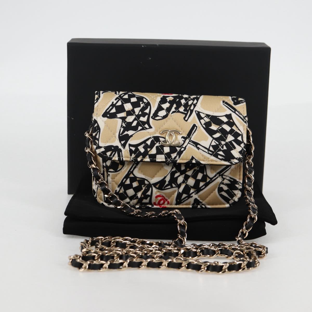 CHANEL Matelasse Checkered Flag Chain Shoulder Bag Nylon Beige CC Auth 125975M