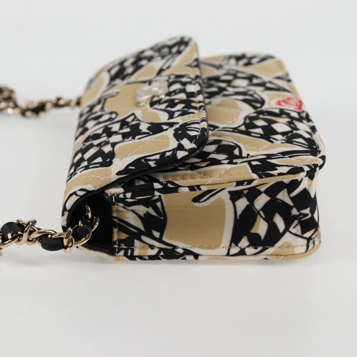 CHANEL Matelasse Checkered Flag Chain Shoulder Bag Nylon Beige CC Auth 125975M