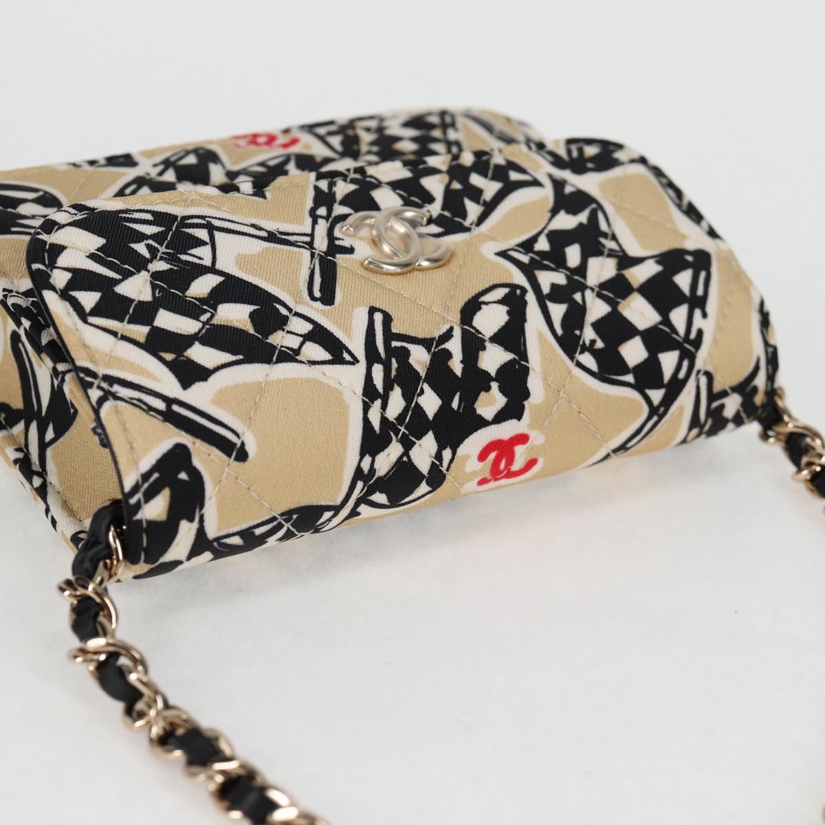 CHANEL Matelasse Checkered Flag Chain Shoulder Bag Nylon Beige CC Auth 125975M