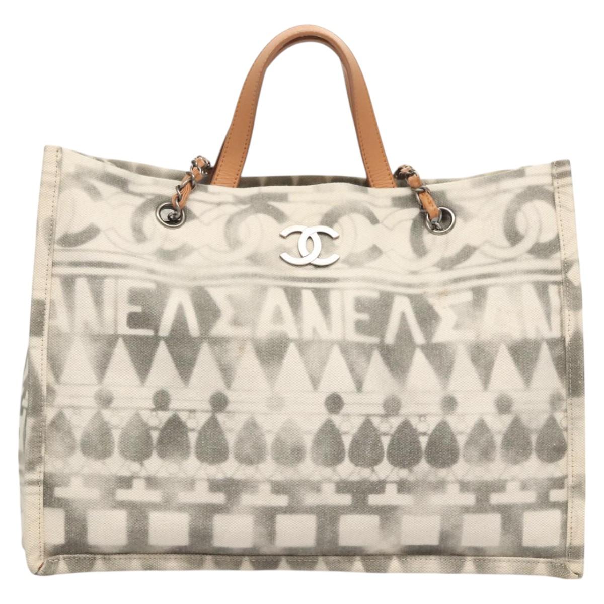 CHANEL Chain Tote Bag Canvas 2way Gray CC Auth 125976