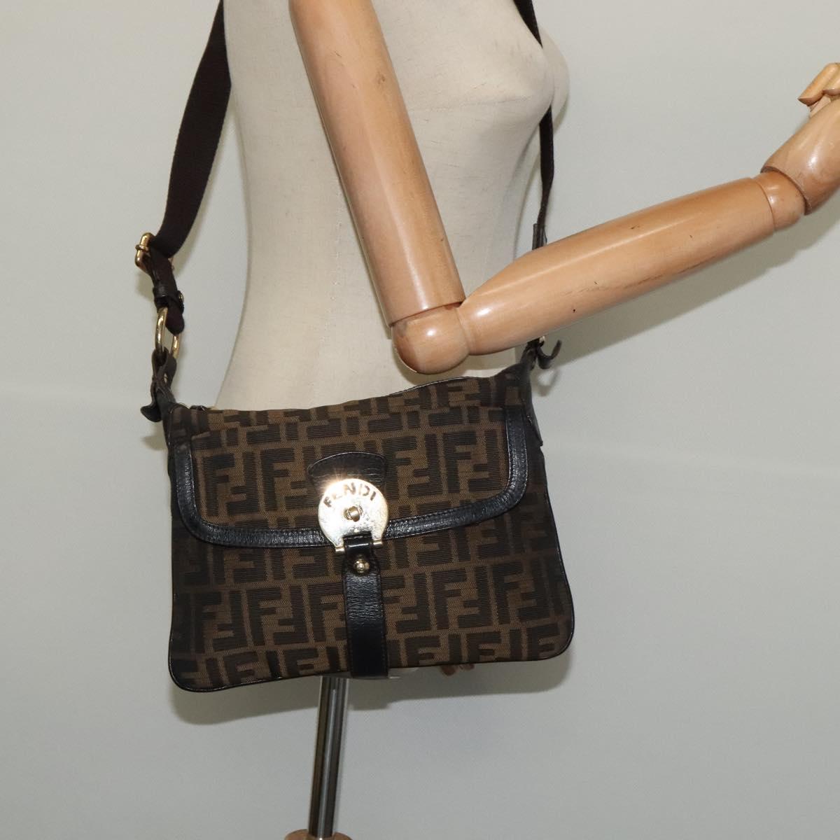 FENDI Zucca Canvas Shoulder Bag Brown Black gold Auth 125989