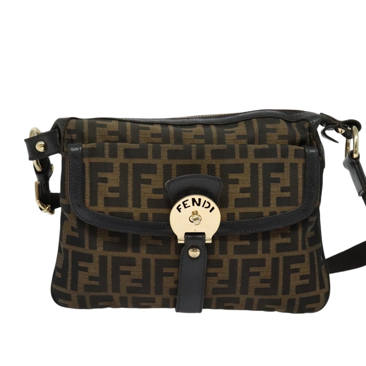 FENDI Zucca Canvas Shoulder Bag Brown Black gold Auth 125989