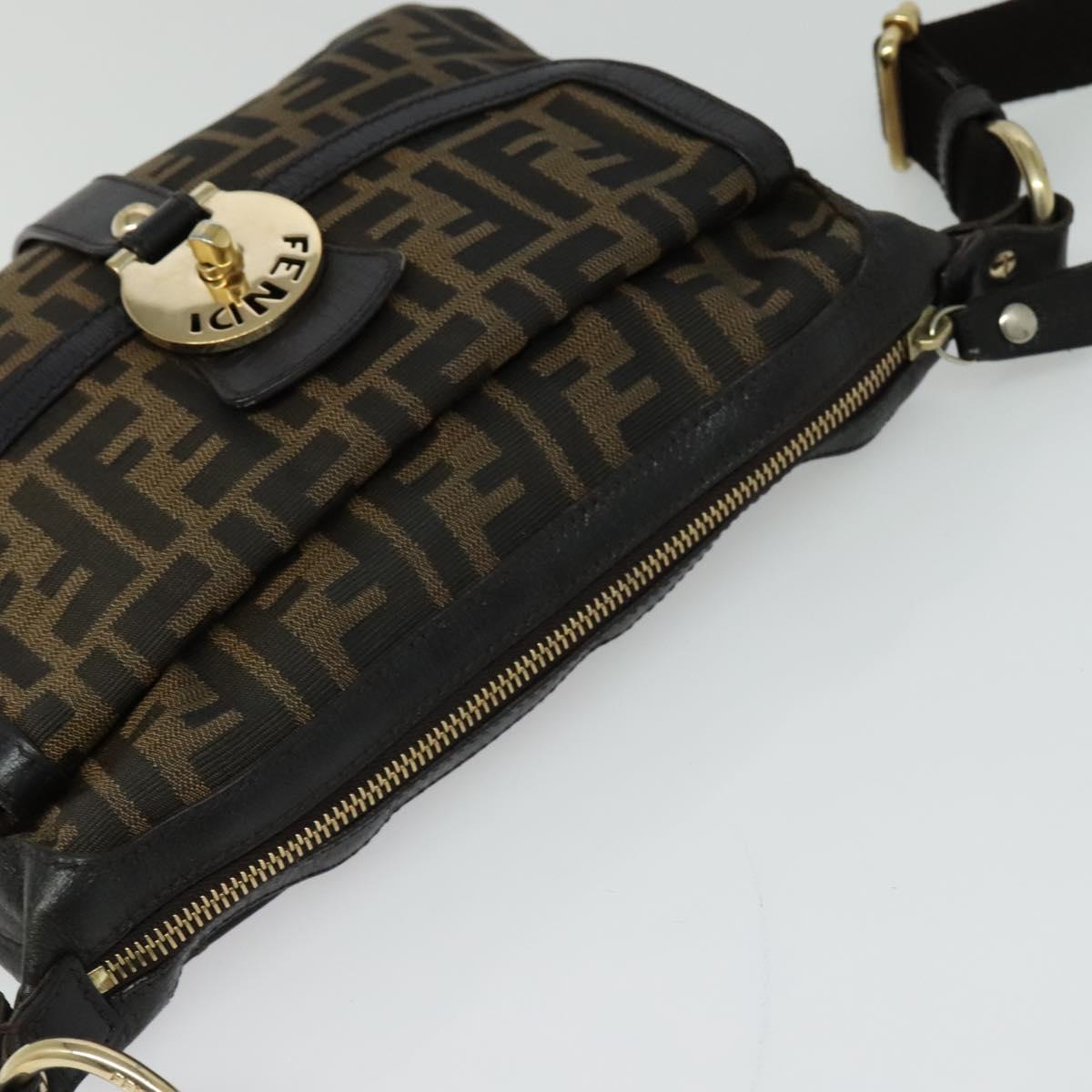 FENDI Zucca Canvas Shoulder Bag Brown Black gold Auth 125989