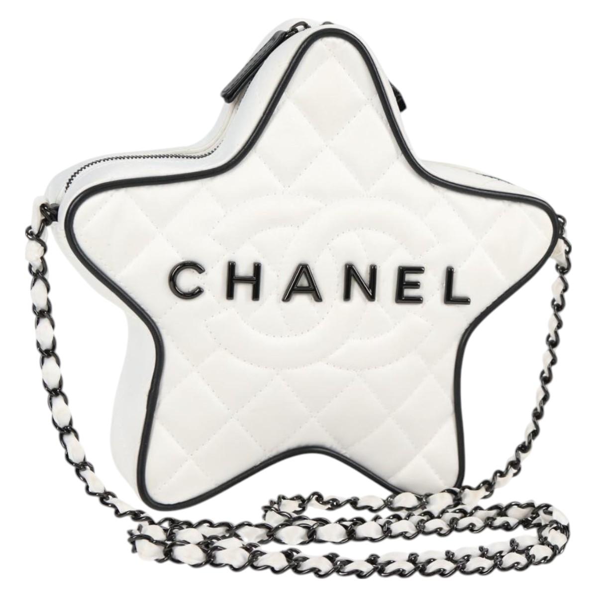 CHANEL Star Chain Shoulder Bag Satin White Gold CC Auth 125991SM