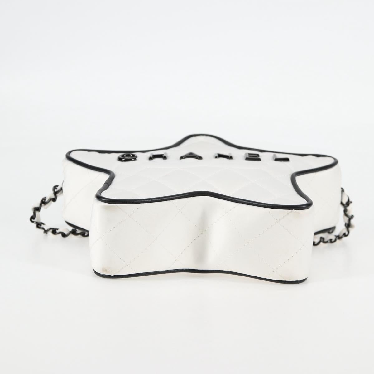 CHANEL Star Chain Shoulder Bag Satin White Gold CC Auth 125991SM