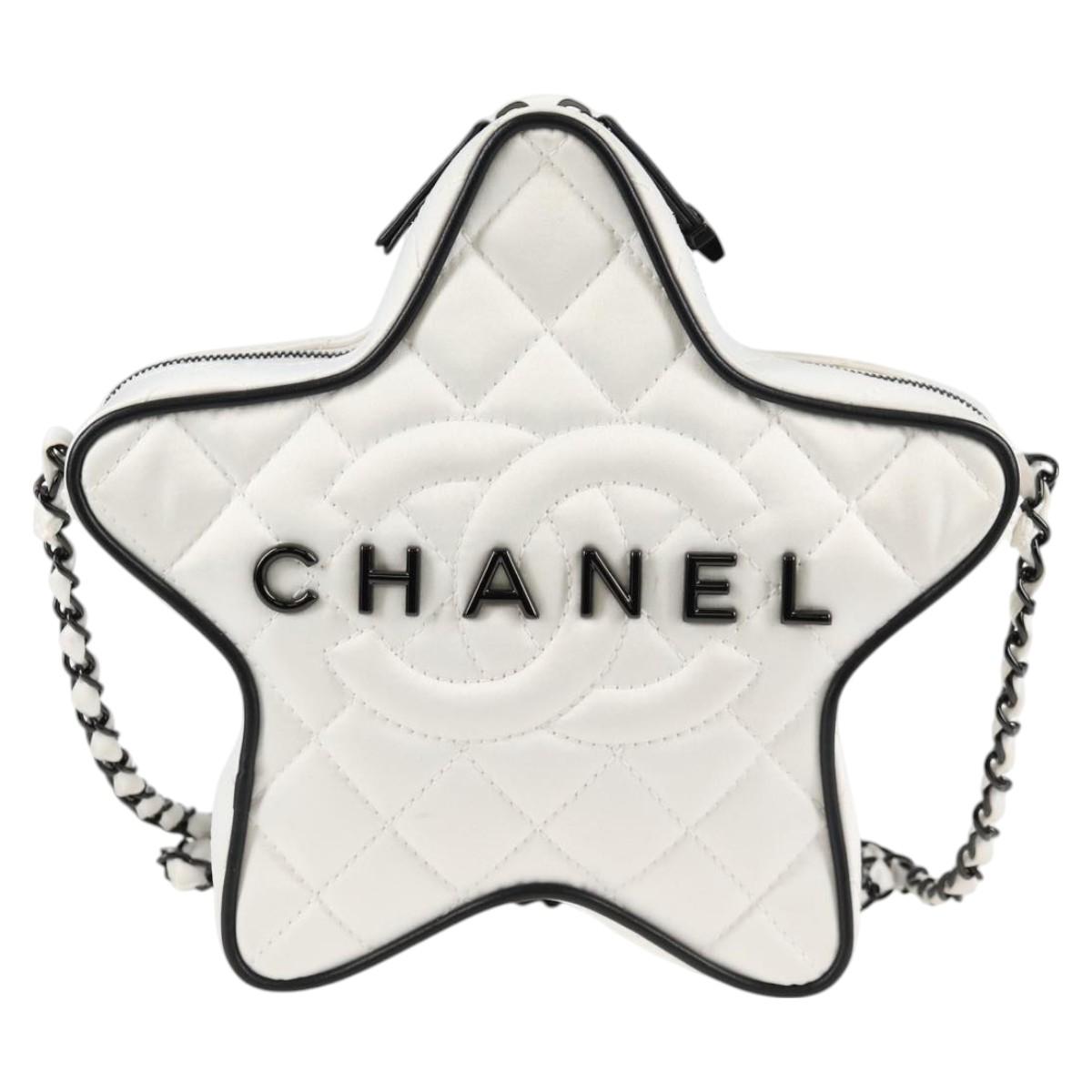 CHANEL Star Chain Shoulder Bag Satin White Gold CC Auth 125991SM