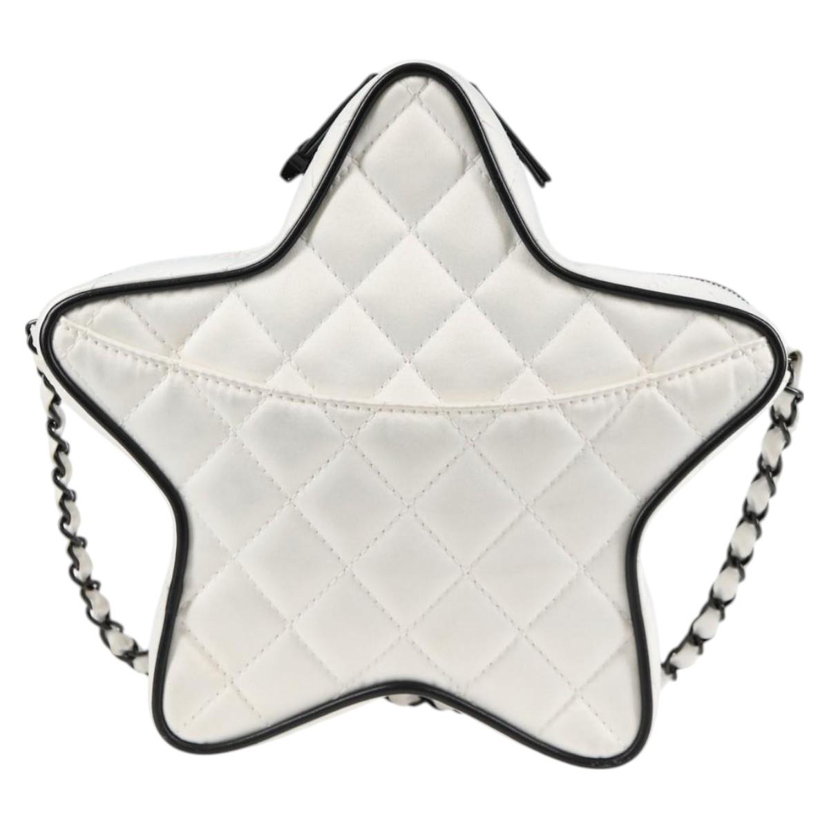 CHANEL Star Chain Shoulder Bag Satin White Gold CC Auth 125991SM