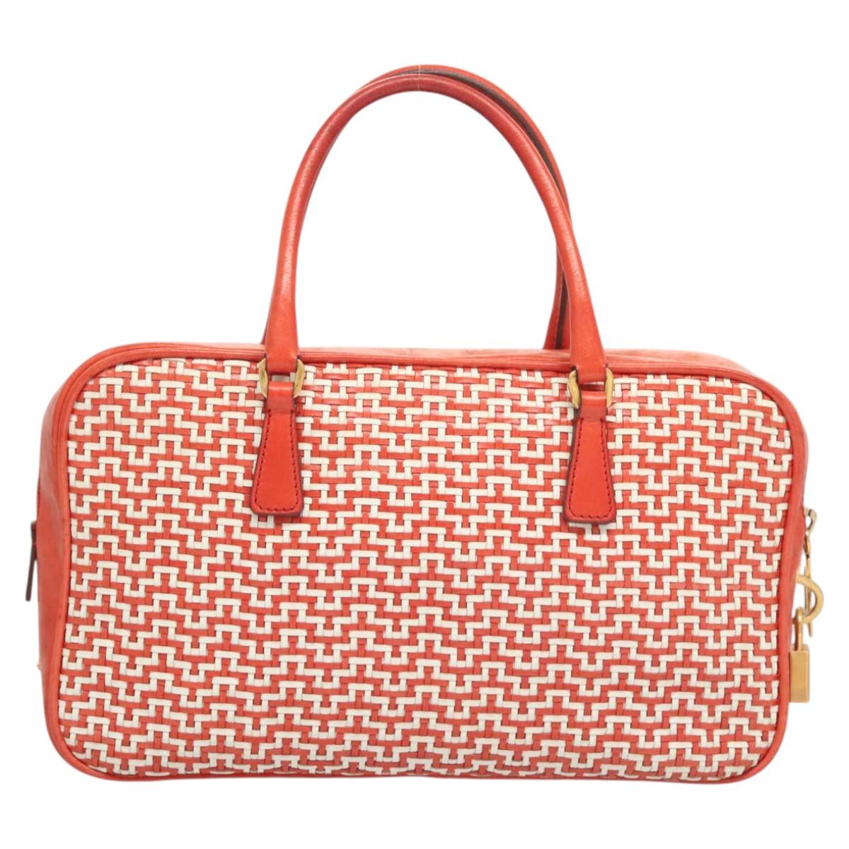 PRADA Hand Bag Leather Orange Gold Auth 126058