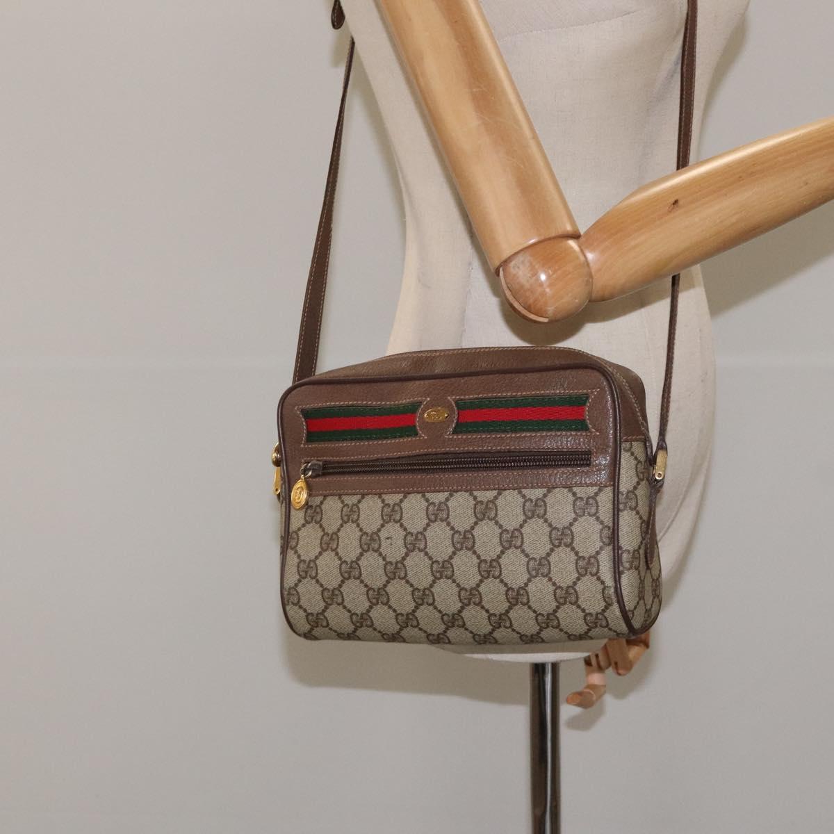 GUCCI GG Supreme Web Sherry Line Shoulder Bag PVC Beige Gold Auth 126092